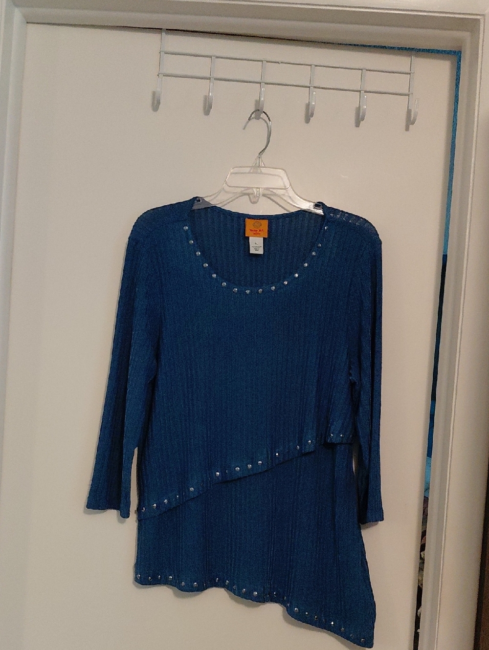 Ruby Rd. Petite Large, Navy Rib-Knit Top with Stud Detail, Asymetrical